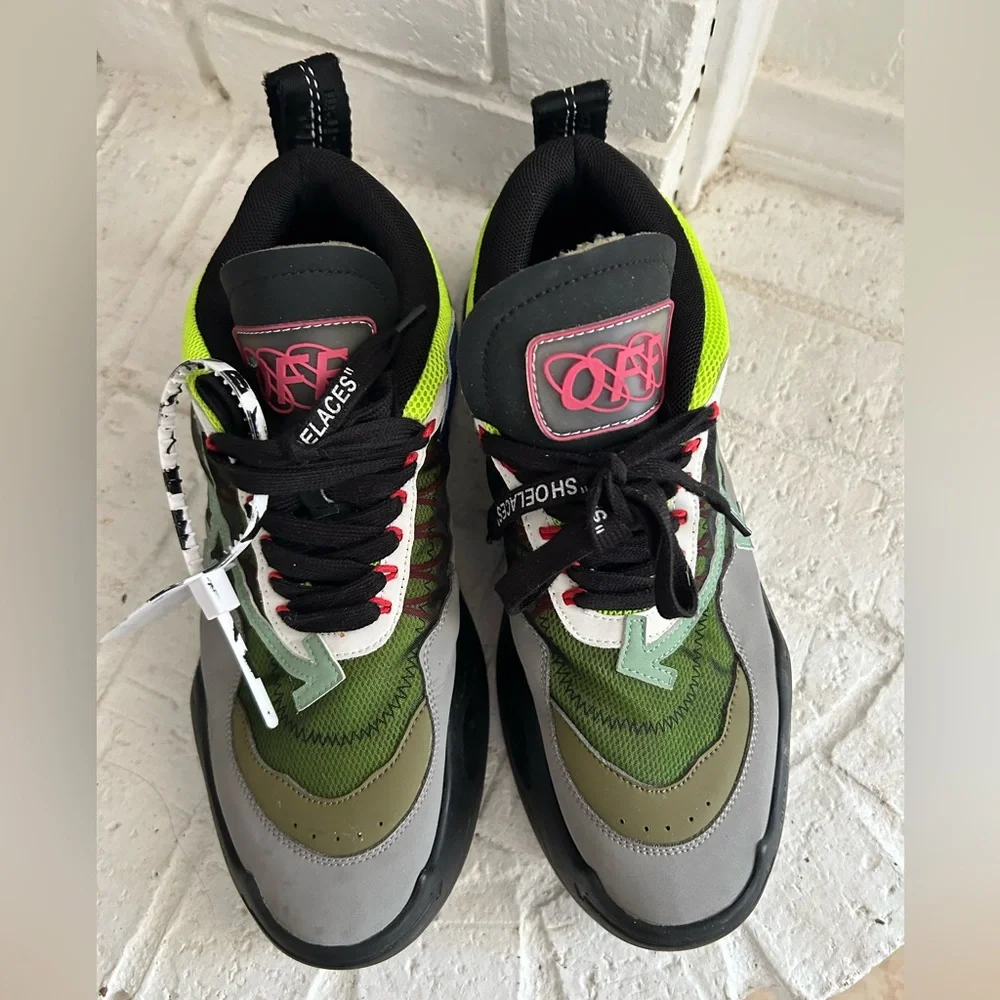 Off-White Men's Green, Gray & Neon Pink Accent Sneakers